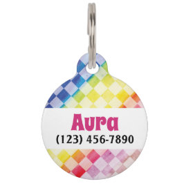 レインボー市松模様に ペット　ネームタグ