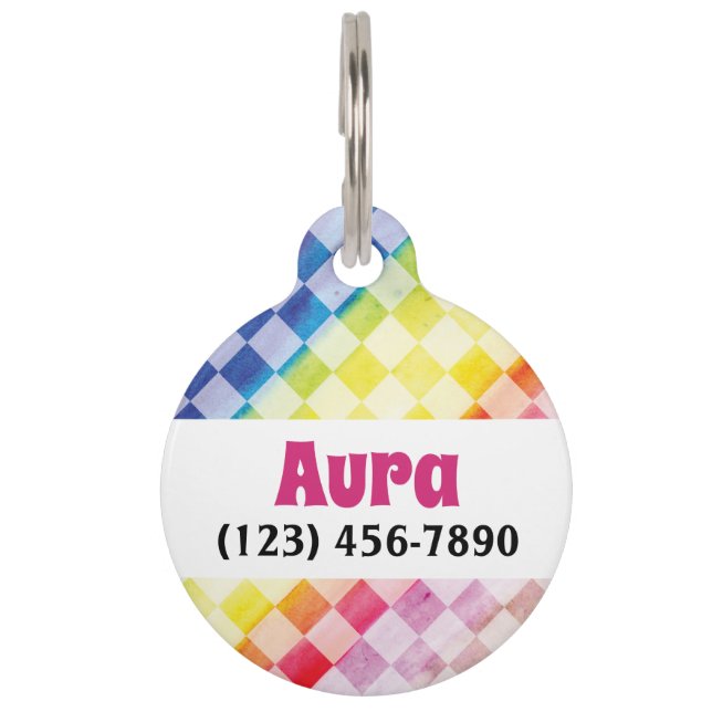 レインボー市松模様に ペット　ネームタグ (正面)