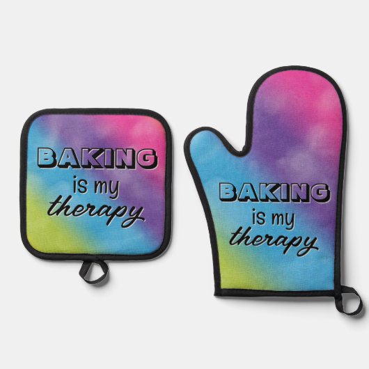 レインボー抽象芸術付きおもしろい引用文 鍋つかみ&鍋敷きセット (正面)