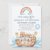 レインボー数々のカラーのノアの箱男の子の第1誕生日 招待状 (正面)