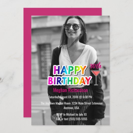 レインボー文字とマルティーニ写真の誕生日パーティー 招待状 (正面/裏面)