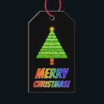 レインボー文字「MERRY CHRISTMAS!」 クリスマスツリー ギフトタグ<br><div class="desc">このおもしろいクリスマスプレゼントラベルデザインは、カラフルのレインボースペクトル勾配パターンを持つ文字を持つ「MERRY CHRISTMAS!」というメッセージを特徴とする。緑の芸術的クリスマスツリーの抽象芸術と飾も特徴。</div>