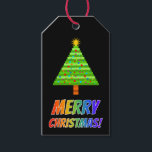 レインボー文字「MERRY CHRISTMAS!」 クリスマスツリー ギフトタグ<br><div class="desc">このおもしろいクリスマスプレゼントラベルデザインは、カラフルのレインボースペクトル勾配パターンを持つ文字を持つ「MERRY CHRISTMAS!」というメッセージを特徴とする。緑の芸術的クリスマスツリーの抽象芸術と飾も特徴。</div>