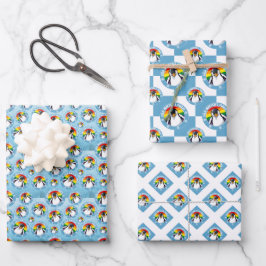 レインボー旗の背景に描かれた可愛いペンギン ラッピングペーパーシート