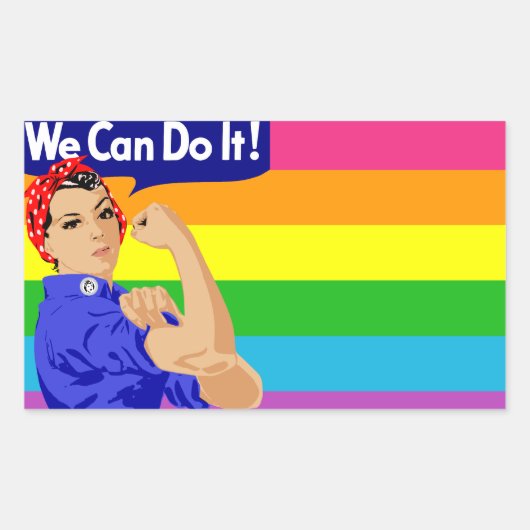 レインボー旗を持つLGBTQ ROSIE THE RIVETER 長方形シール (正面)