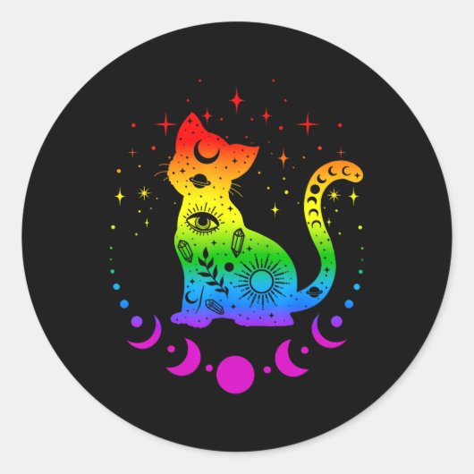 レインボー星占い猫LGBTゲイプライド国旗 ラウンドシール (正面)