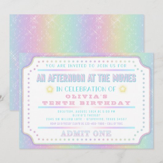 レインボー映画チケット 誕生日パーティー 招待状 (正面/裏面)