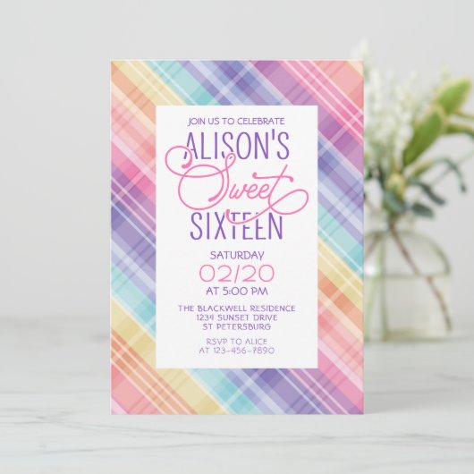 レインボー格子状スウィート16誕生日 招待状 (スタンド正面)