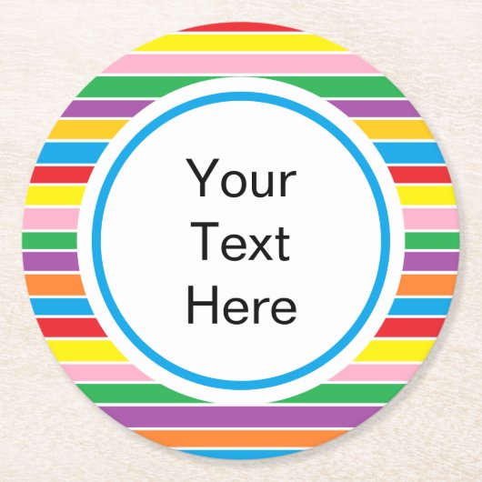 レインボー横ストライプ線カスタム文字 ラウンドペーパーコースター (正面)