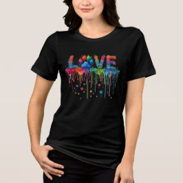 レインボー水彩パウプリントLOVEペットラバートシャツ トライブレンドTシャツ