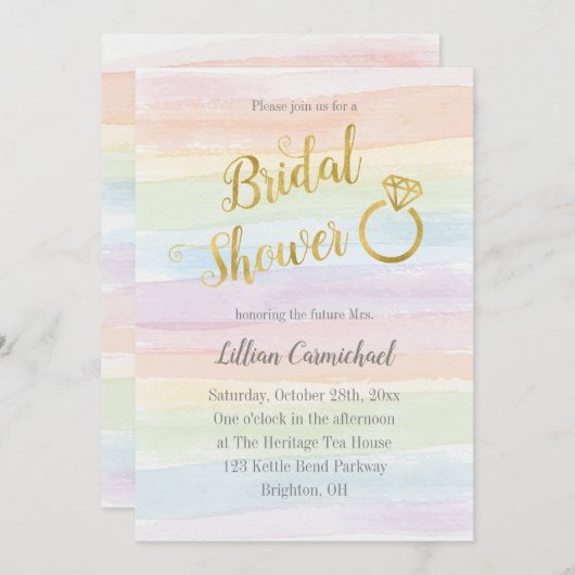 レインボー水彩ブライダルシャワー(金ゴールド) 招待状 (正面/裏面)