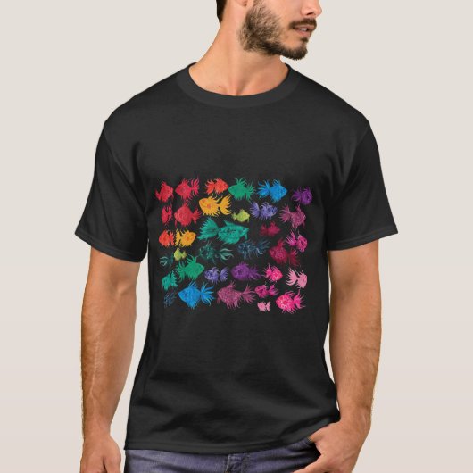 レインボー水彩魚パターン Tシャツ (正面)