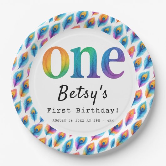 レインボー水彩 1歳の誕生日 | カラフルな赤ちゃん ペーパープレート (正面)