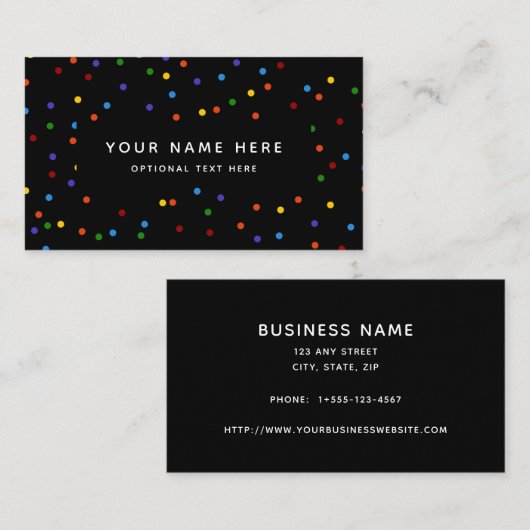 レインボー水玉模様黒の紙吹雪パターン 名刺 (正面/裏面)