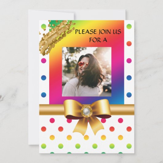 レインボー水玉模様&金ゴールドナガッツバースデーパーティー 招待状 (正面)
