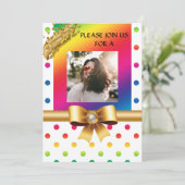 レインボー水玉模様&金ゴールドナガッツバースデーパーティー 招待状 (スタンド正面)