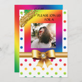 レインボー水玉模様&金ゴールドナガッツバースデーパーティー 招待状 (正面/裏面)