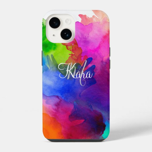 レインボー水色抽象芸術名モノグラム iPhoneケース (裏面)
