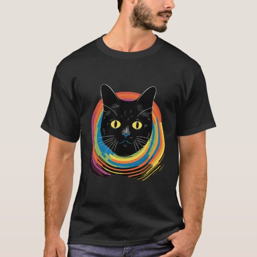 レインボー猫好きキャッチャーの前にかわいい猫 Tシャツ (正面)