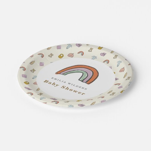 レインボー生まれたばかりのイラストレーションベビーシャワー ペーパープレート (アングル)