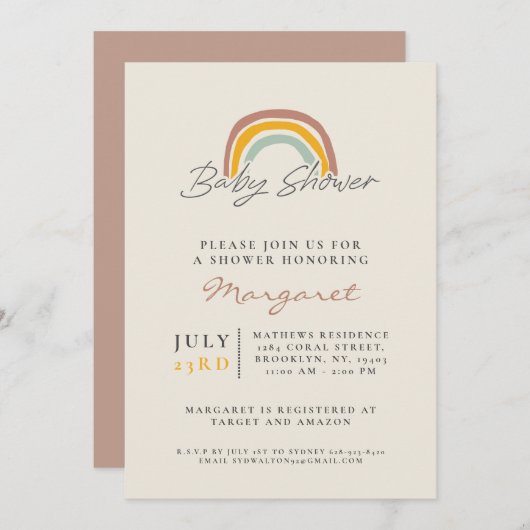 レインボー男女兼用ベビーシャワー 招待状 (正面/裏面)