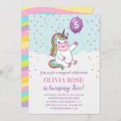 レインボー紙吹雪かわいいピンクユニコーン誕生日パーティー 招待状 (正面/裏面)
