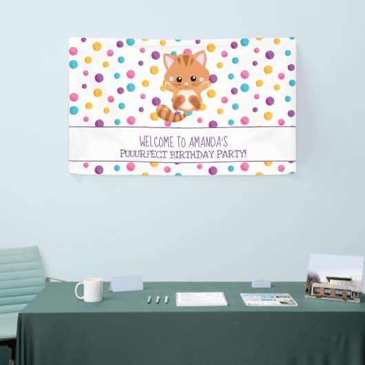 レインボー紙吹雪かわいい子猫バースデーパーティーへようこそ 横断幕 (トレードショー)