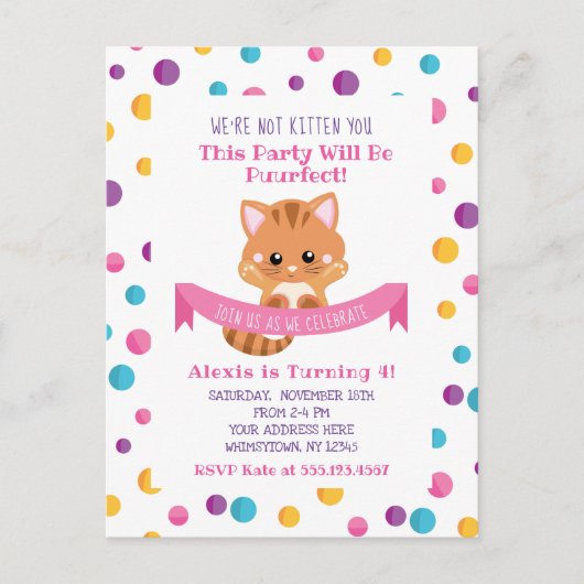 レインボー紙吹雪かわいい猫の誕生会 インビテーションポストカード (正面)