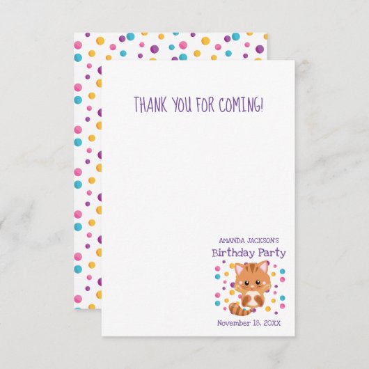 レインボー紙吹雪かわいい猫の誕生会 サンキューカード (正面/裏面)
