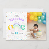 レインボー紙吹雪ファースト誕生日フォト招待状 招待状 (正面)