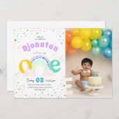 レインボー紙吹雪ファースト誕生日フォト招待状 招待状 (正面/裏面)