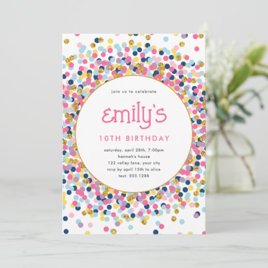 レインボー紙吹雪金ゴールドグリッターよくはしゃぐ誕生日 招待状 (スタンド正面)