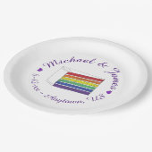 レインボー結婚ズケーキスライス紫ハートLGBTゲイ ペーパープレート (アングル)