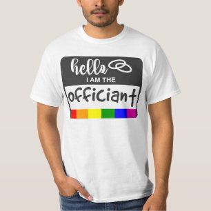 レインボー結婚フラッグのハローネームバッジ関係者 Tシャツ