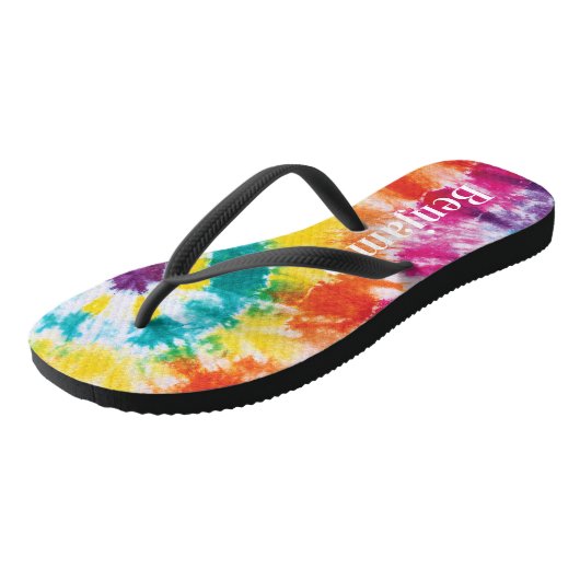 レインボー絞り染めカラフル名前をカスタムするバケーションパパ ビーチサンダル (アングル)