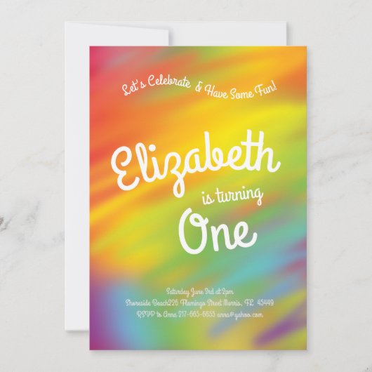レインボー絞り染めキッズ1歳誕生日パーティー 招待状 (正面)