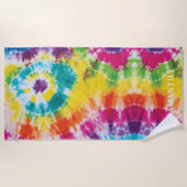 レインボー絞り染めパーソナライズされたカラフル ビーチタオル (正面)