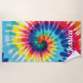 レインボー絞り染め名前をカスタムする ビーチタオル (正面)