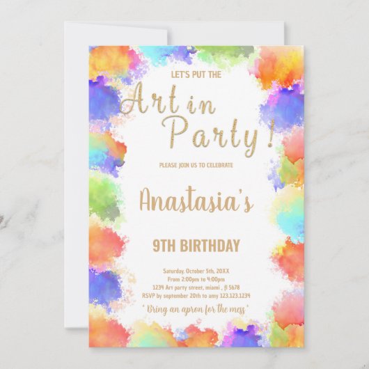 レインボー絵を描コ付き編集可能ガールズカード 招待状 (正面)