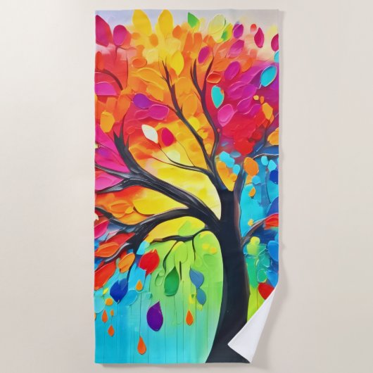 レインボー絵を描ツリー ビーチタオル (正面)