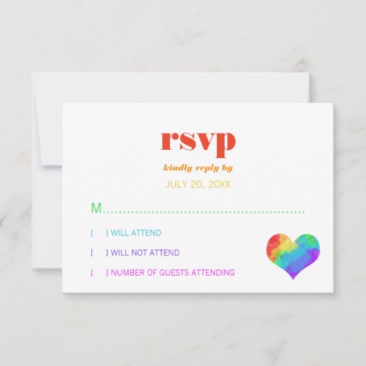 レインボー絵を描ハートゲイレズビアンウェディングRSVP 出欠カード (正面)