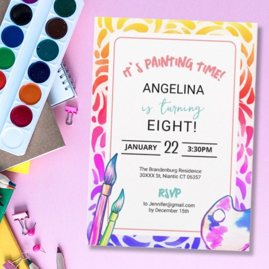 レインボー絵画アートの誕生日パーティー 招待状