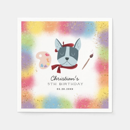 レインボー絵画ズパーティーパピードッグ誕生日 スタンダードカクテルナプキン (正面)