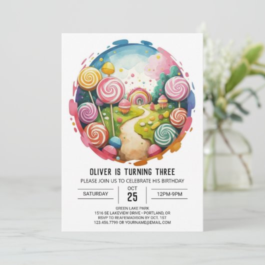 レインボー編集可能棒つきキャンデー誕生日 招待状 (スタンド正面)