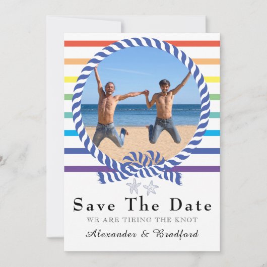 レインボー航海のストライプゲイウェディング日付を保存 案内状 (正面)