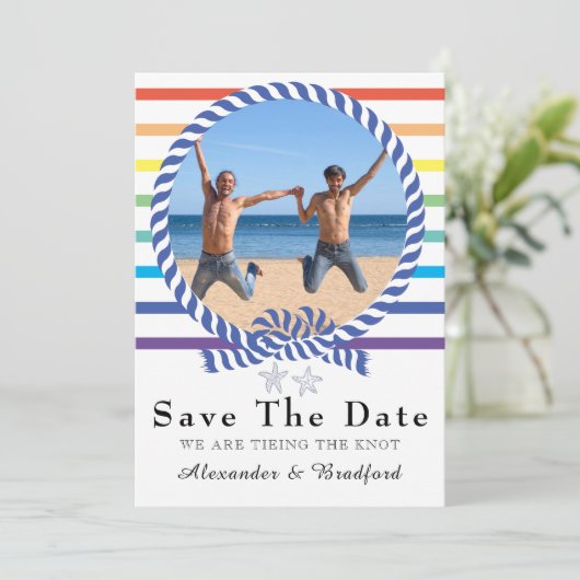 レインボー航海のストライプゲイウェディング日付を保存 案内状 (スタンド正面)
