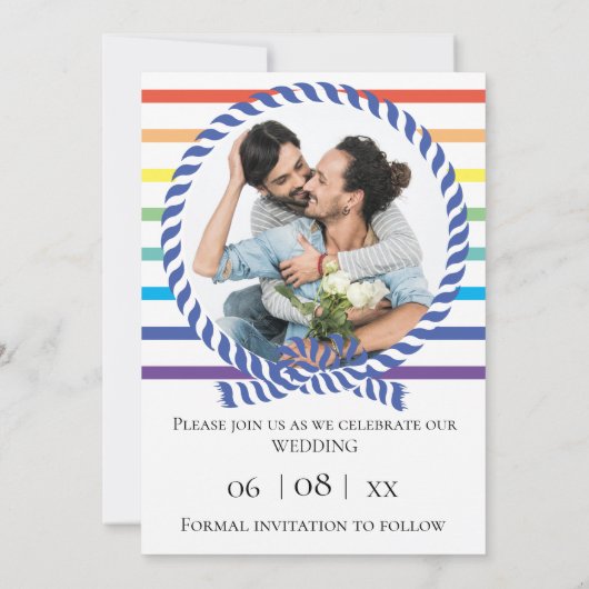 レインボー航海のストライプゲイウェディング日付を保存 案内状 (裏面)