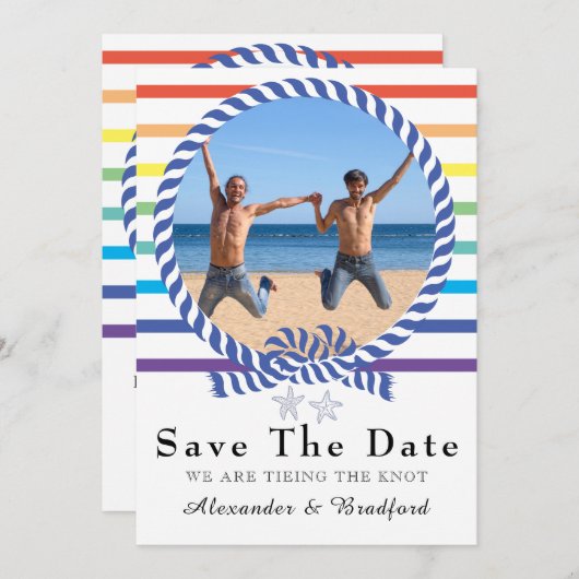 レインボー航海のストライプゲイウェディング日付を保存 案内状 (正面/裏面)