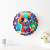 レインボー色の子猫の漫画 ラージ壁時計 (ホーム)