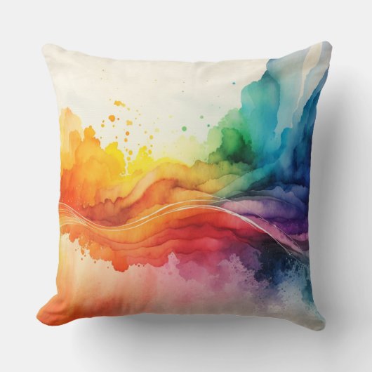 レインボー色彩の鮮やかウォーターカラーのブラシストローク抽象芸術 クッション (正面)